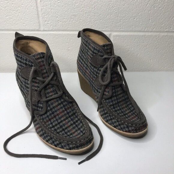 G. H. Bass & Co. Womens Gray Houndstooth Plaid Lace Up Wedge Booties Size 8M - Picture 10 of 12